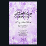 Elegante Winter 70th Birthday Program Menú Púrpura<br><div class="desc">Elegante diseño de "Programa de fiesta de cumpleaños" con copos de nieve Purpurina de invierno y luces en texto morado con personalizado.</div>