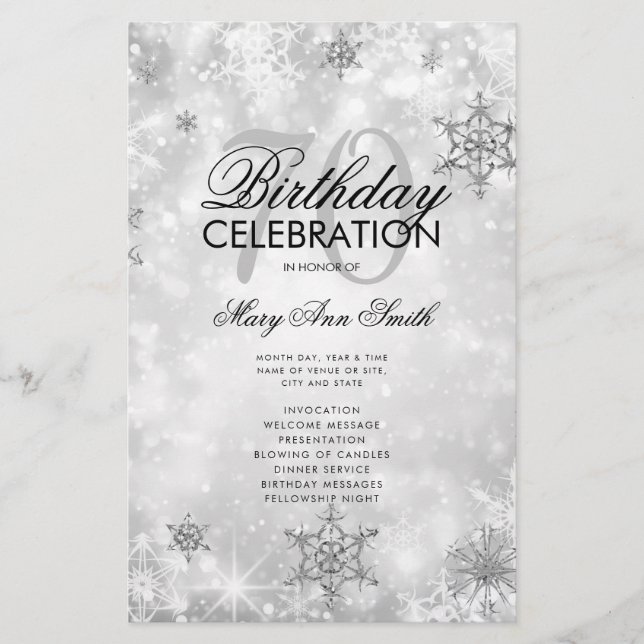Elegante Winter 70th Birthday Program Silver Menu (Frente)