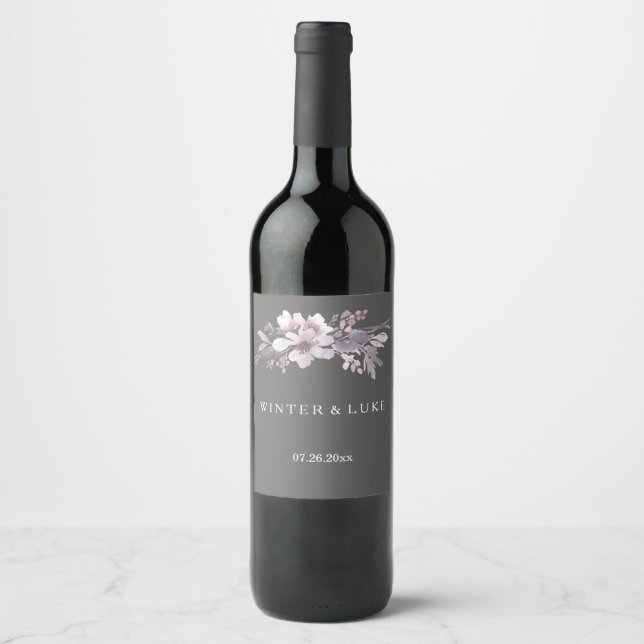 Elegante Winter Gray Floral Boda Etiqueta de vino (Anverso)