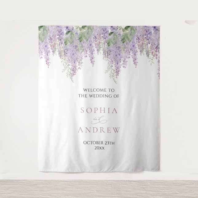 Elegante Wisteria Púrpura Flores Tapiz Boda (Anverso)