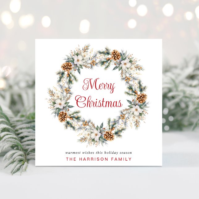 Elegante Wreath Watercolor Feliz Navidad (Spread the love + joy of the season with your friends + family near and far with a personalized card)