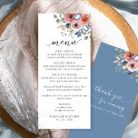 Elegante y alegre menú floral Boda<br><div class="desc">Relájese con esta exquisita tarjeta de menú. Diseño coordinando nuestro Boda "Blissful Floral" y colección de eventos. El diseño está separado y presenta una decoración floral única con delicadas flores acuáticas en tonos rosas, ruidosos, melocotones, marfil y azul polvoriento. Entrega tipografía escrita de guión en la parte trasera y frontal...</div>