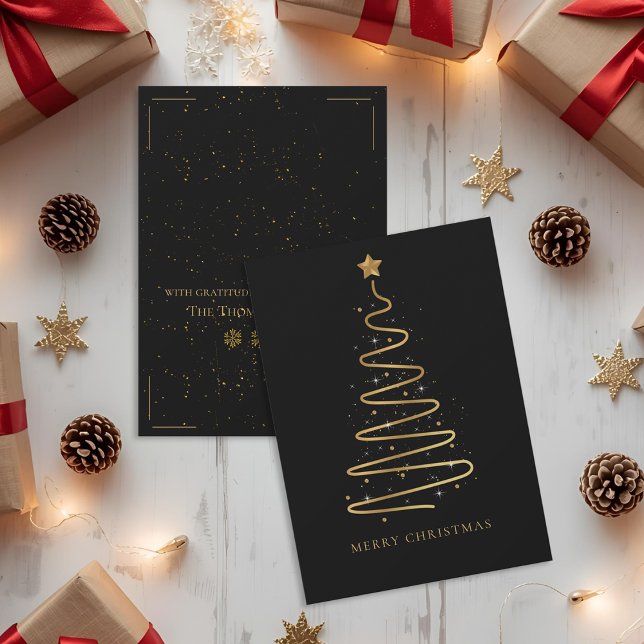 Elegante y corporativo Árbol de navidad de oro neg (Corporate Elegant Black Gold Merry Christmas Tree Holiday Card)