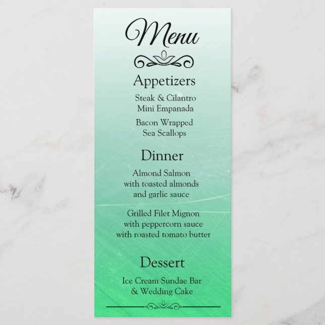Elegante y decorativa tarjeta de menú Boda verde n (Anverso)