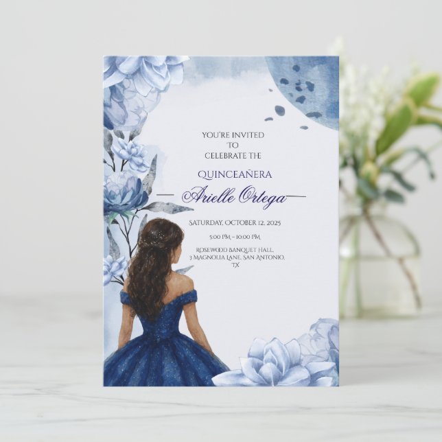 Elegante y editable invitación a la quinceañera az (Anverso de pie)