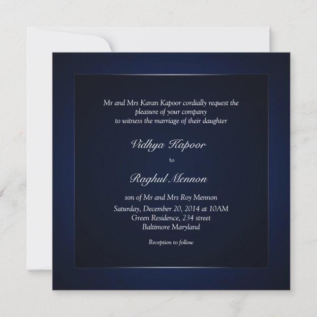 Elegante y elegante invitación a la boda azul con  (Anverso)