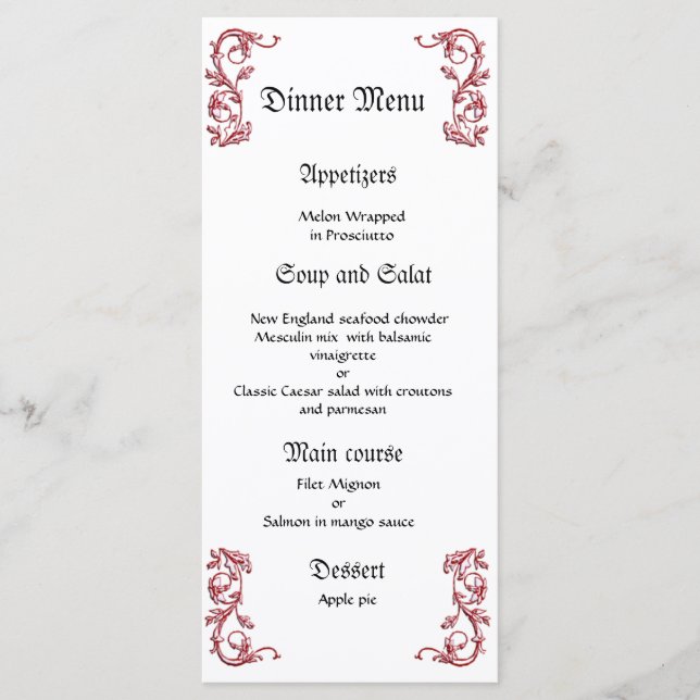 Elegante y elegante menú de cena en boda negro roj (Anverso)