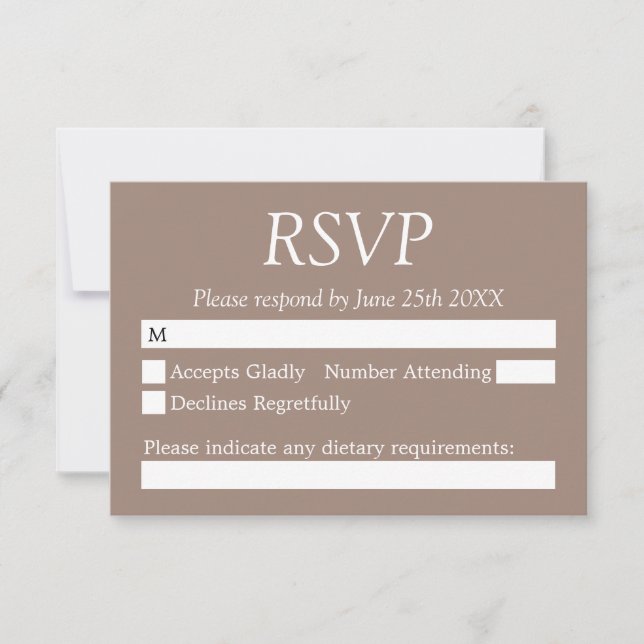 Elegante y elegante tarjeta RSVP de Boda de Taupe (Anverso)