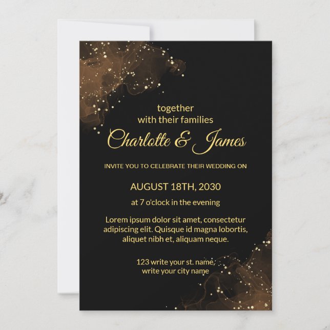 Elegante y floral invitaciones a la boda negra (Anverso)