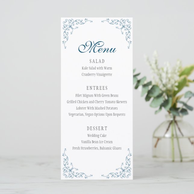 Elegante y florido menú de Bodas azules oceánicos (Anverso de pie)