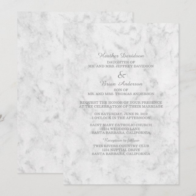 Elegante y gris invitación a la boda de mármol (Anverso / Reverso)