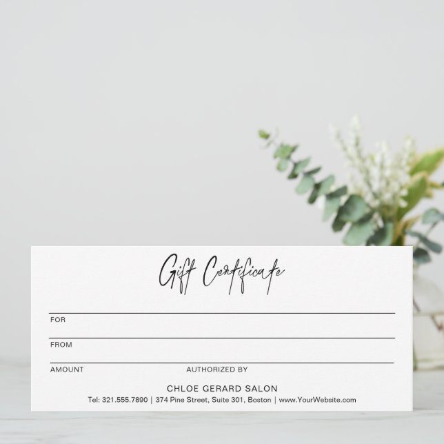 Elegante y minimalista Certificado de regalo minim (Anverso de pie)
