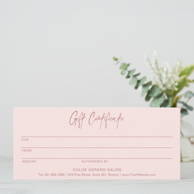 Elegante y minimalista certificado de regalo rosa  (Anverso de pie)