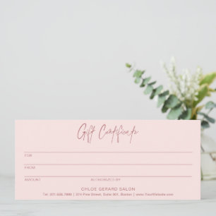 Elegante y minimalista certificado de regalo rosa