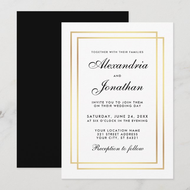 Elegante y moderna Boda Invitación de oro blanco n (Anverso / Reverso)