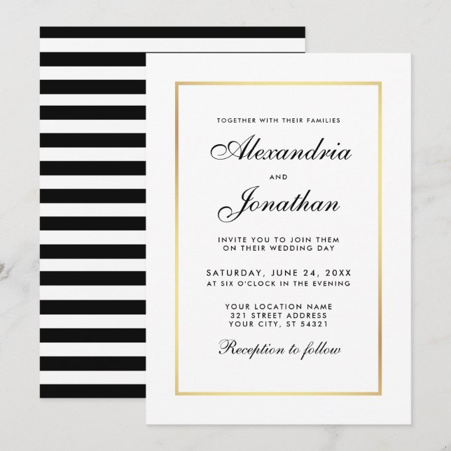 Elegante y Moderna Invitación a la Boda Blanca Neg (Anverso / Reverso)