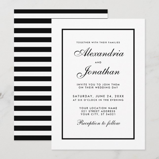 Elegante y moderna invitación a la boda blanca y n (Anverso / Reverso)