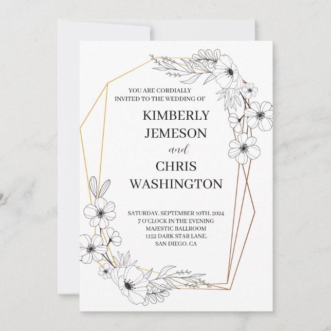 Elegante y moderna invitación a la boda con flores (Anverso)