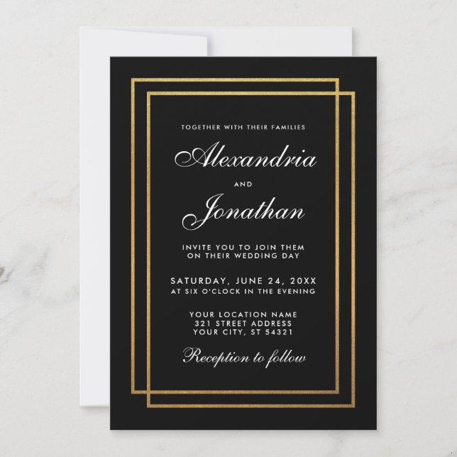 Elegante y moderna invitación a la boda de oro neg (Anverso)