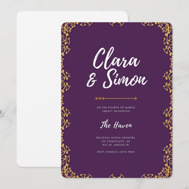 Elegante y moderna invitación a la boda de oro púr (Anverso / Reverso)