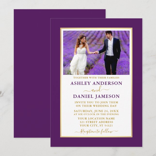Elegante y moderna invitación a la boda de oro púr (Anverso / Reverso)