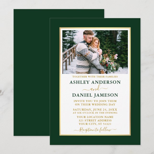 Elegante y moderna invitación a la Boda de Oro Ver (Anverso / Reverso)