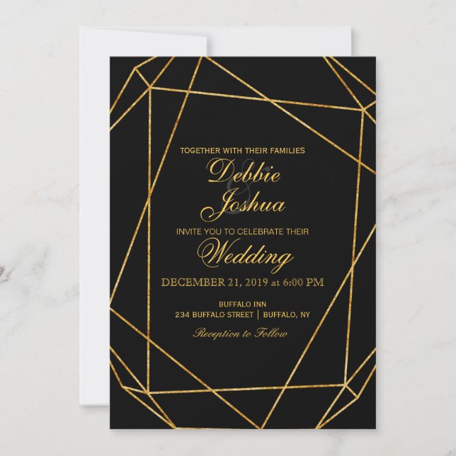 Elegante y moderna invitación a la boda de oro y n (Anverso)