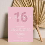 Elegante y moderna invitación a los 16 años<br><div class="desc">Invitación de cumpleaños 16ª,  de color rosa femenino moderno y femenino. Minimalista diseño de plantillas de invitación de 16 años con elegante letra de guión con letras a mano de caligrafía.</div>