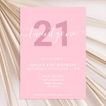 Elegante y moderna invitación a los 21 años<br><div class="desc">Invitación de cumpleaños 21ª,  de color rosa femenino moderno y femenino. Minimalista diseño de plantillas de invitación para 21 cumpleaños con elegante letra de guión con letra a mano de caligrafía.</div>