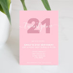 Elegante y moderna invitación a los 21 años<br><div class="desc">Invitación de cumpleaños 21ª,  de color rosa femenino moderno y femenino. Minimalista diseño de plantillas de invitación para 21 cumpleaños con elegante letra de guión con letra a mano de caligrafía.</div>