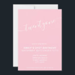 Elegante y moderna invitación a los 21 años<br><div class="desc">Invitación de cumpleaños 21ª,  de color rosa femenino moderno y femenino. Minimalista diseño de plantillas de invitación para 21 cumpleaños con elegante letra de guión con letra a mano de caligrafía.</div>