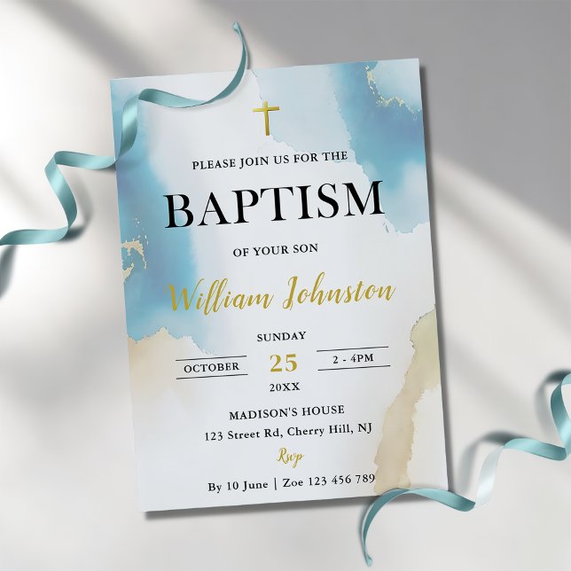 Elegante y moderna invitación al bautismo azul (Subido por el creador)