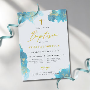 Elegante y moderna invitación al bautismo azul