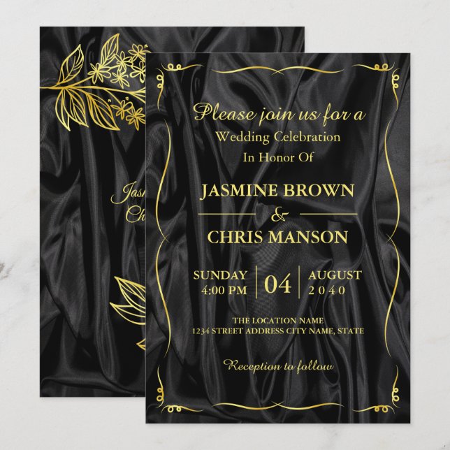 Elegante Y Moderna Invitación De Boda Negra Y Oro (Anverso / Reverso)