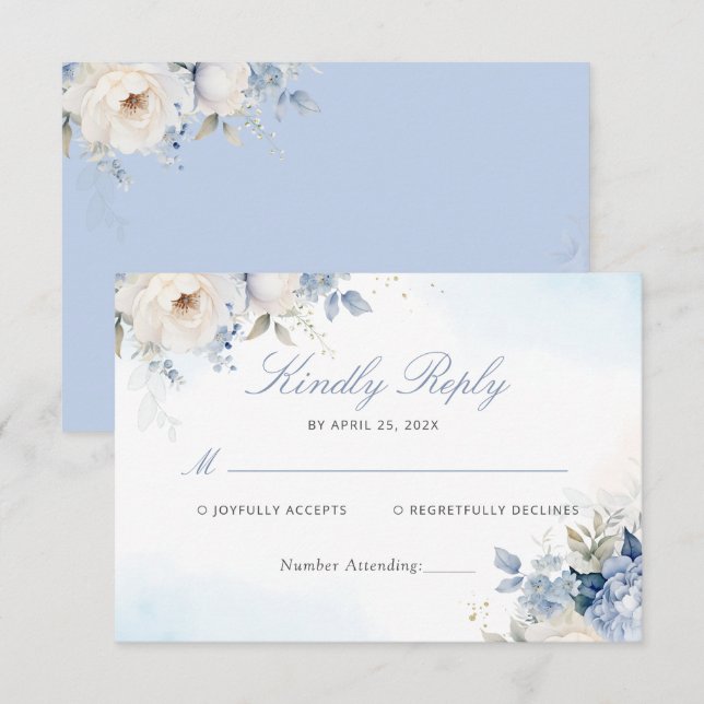 Elegante y moderna tarjeta RSVP de boda floral azu
