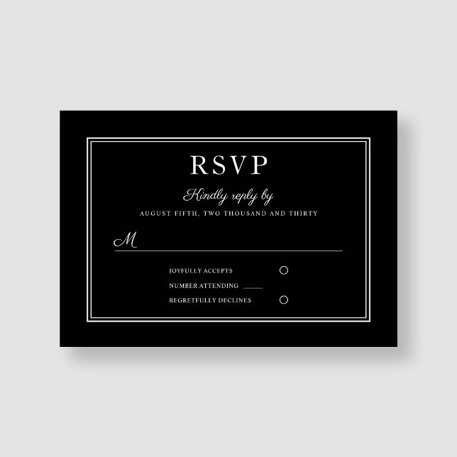 Elegante y moderna tarjeta RSVP de boda negra form (Modern Elegant Formal Black Wedding RSVP Card)