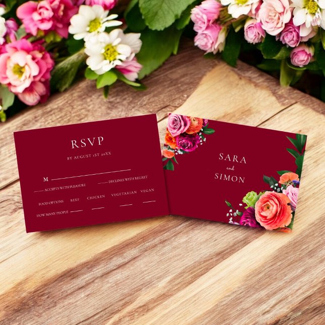 Elegante y moderno matrimonio floral RSVP (modern burgundy wedding rsvp card with food options )