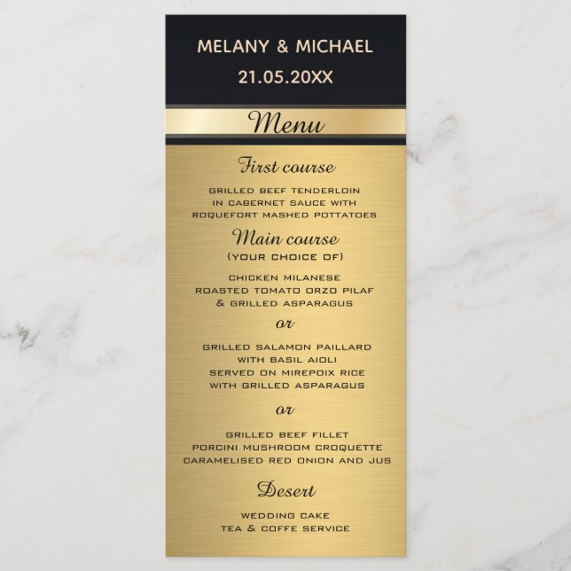 Elegante y moderno menú boda dorado/negro (Anverso)