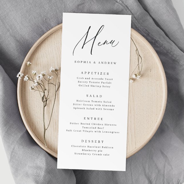 Elegante y moderno menú boda minimalista de guione (Elegant modern script minimalist wedding menu)
