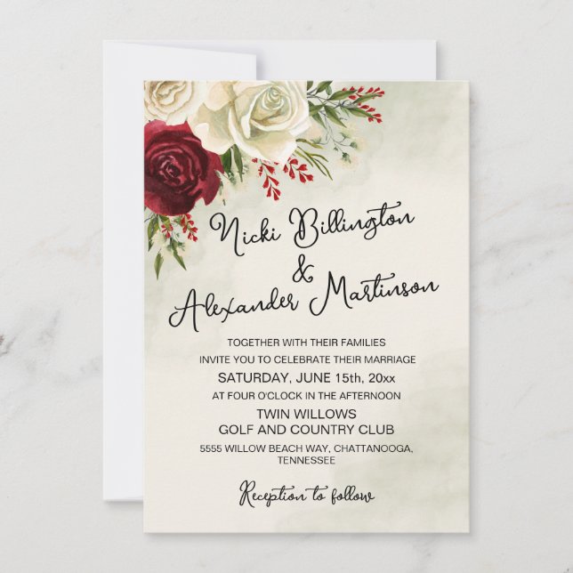 Elegante y moderno Roses Blancos Rojos Invitación  (Anverso)