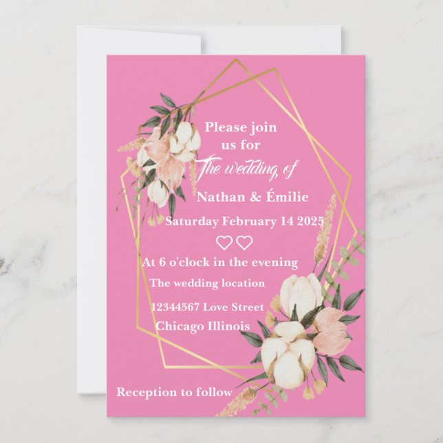 Elegante y rosa invitación a la boda romántica (Anverso)