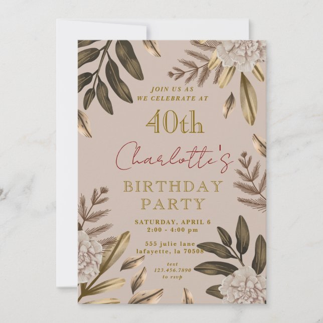 Elegante y rústica floral 40 invitaciones de cumpl (Anverso)
