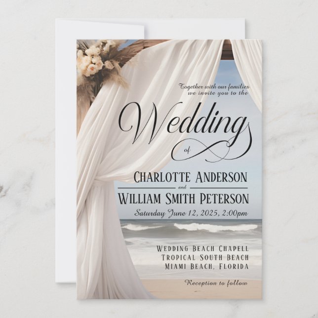 Elegante y rústica invitación a la boda en la play (Anverso)