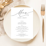 Elegante y sencillo menú de Boda para la cena 5 ho<br><div class="desc">Establezca la mesa con estilo utilizando estas tarjetas de menú de la cena Boda 5x7. Elegante y sencillo. Con una caligrafía minimalista en blanco y negro, son el toque perfecto para cualquier recepción nupcial. Cada carta es una guía de buen gusto a través de su menú de cena boda cuidadosamente...</div>