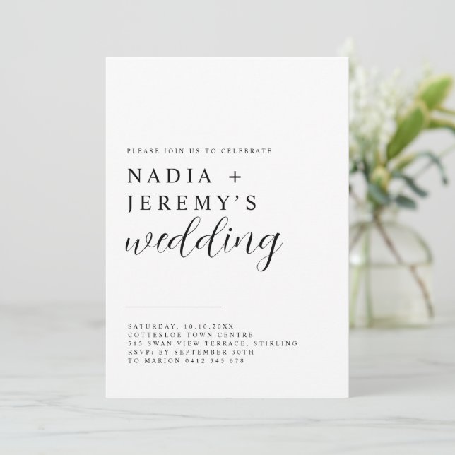 Elegante y simple invitación a la boda blanca y ne (Anverso de pie)