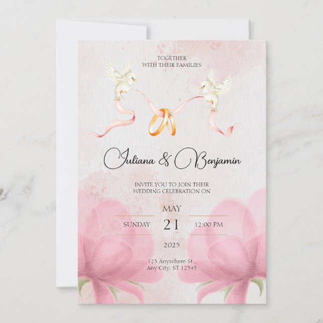 Elegante y simple invitación a la boda con flores  (Anverso)