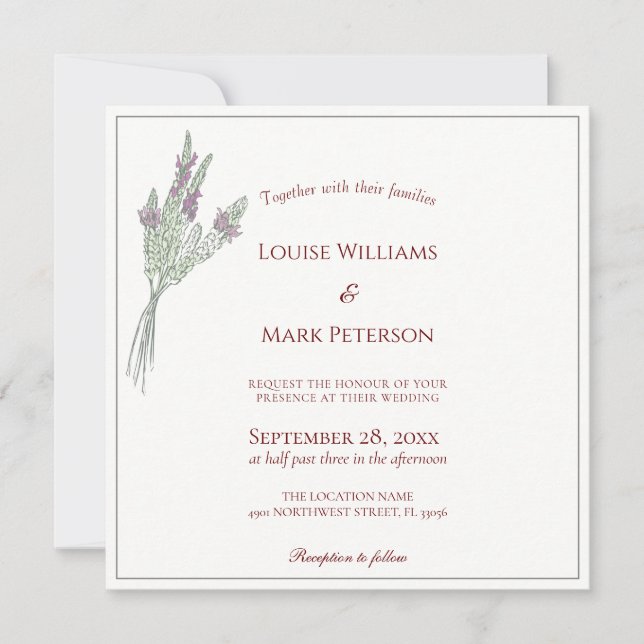 Elegante y simple invitación a la boda de lavanda (Anverso)