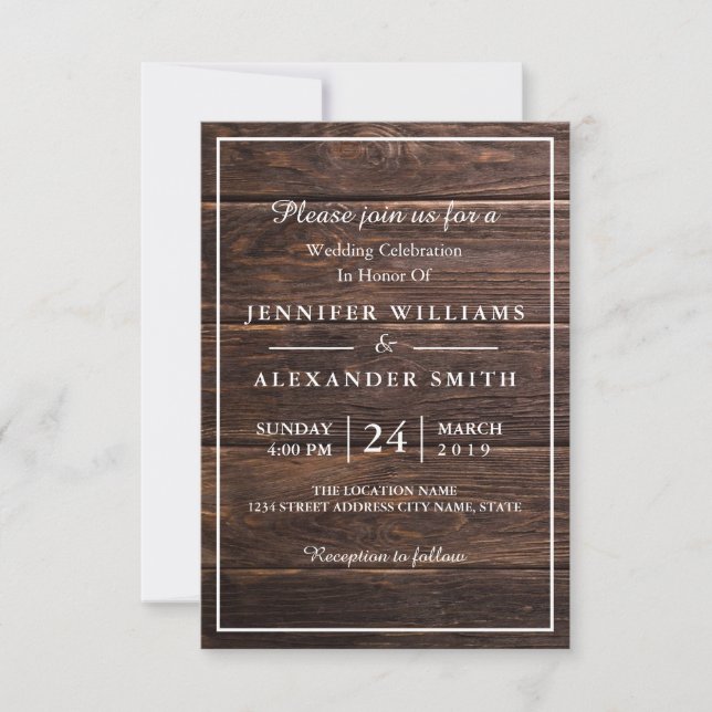 Elegante y simple invitación a la boda de madera (Anverso)