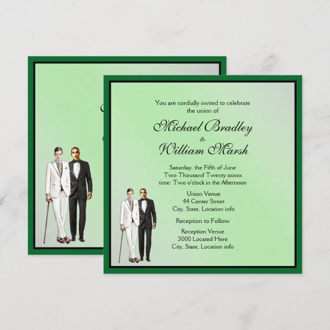 Elegante y simple invitación a la boda gay verde (Anverso / Reverso)