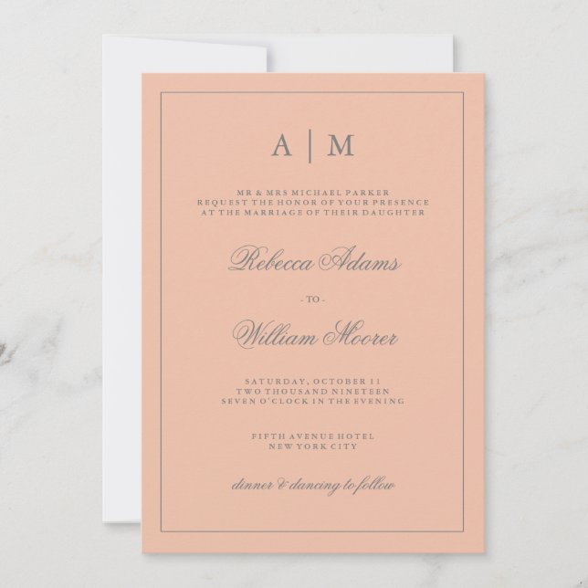 Elegante y simple invitación a la boda rosa Rubor (Anverso)